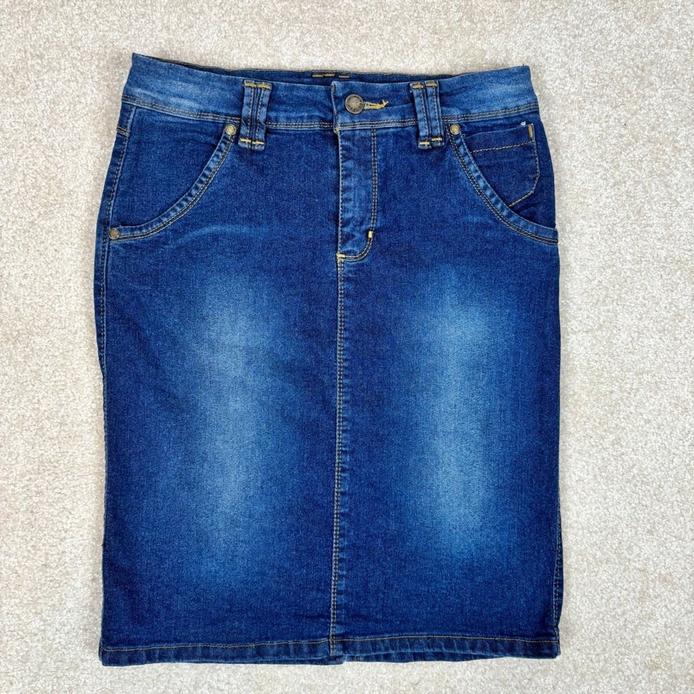 Gloss Women‎ Blue Denim Pencil Skirt Medium Wash Size 7 Back Slit Stretch